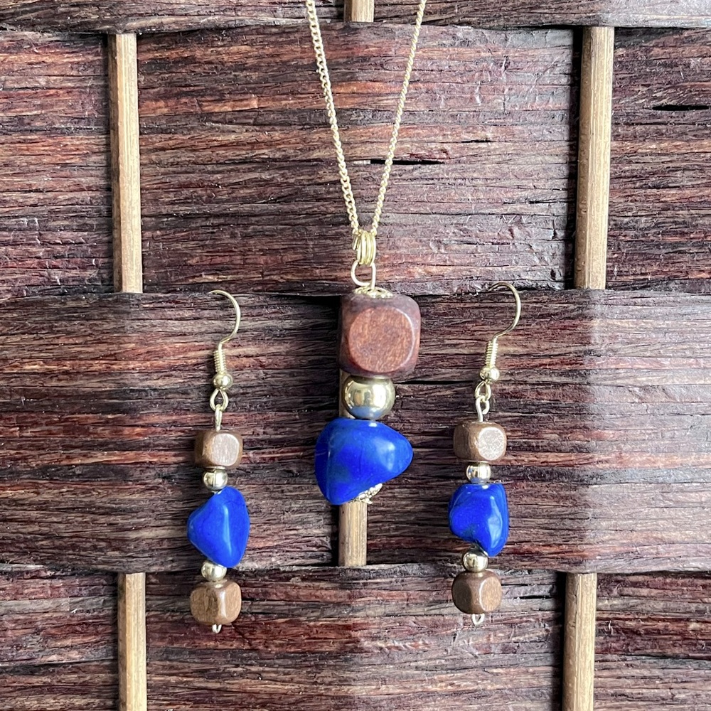 Wood and Colbalt Blue Earring and Pendant Set